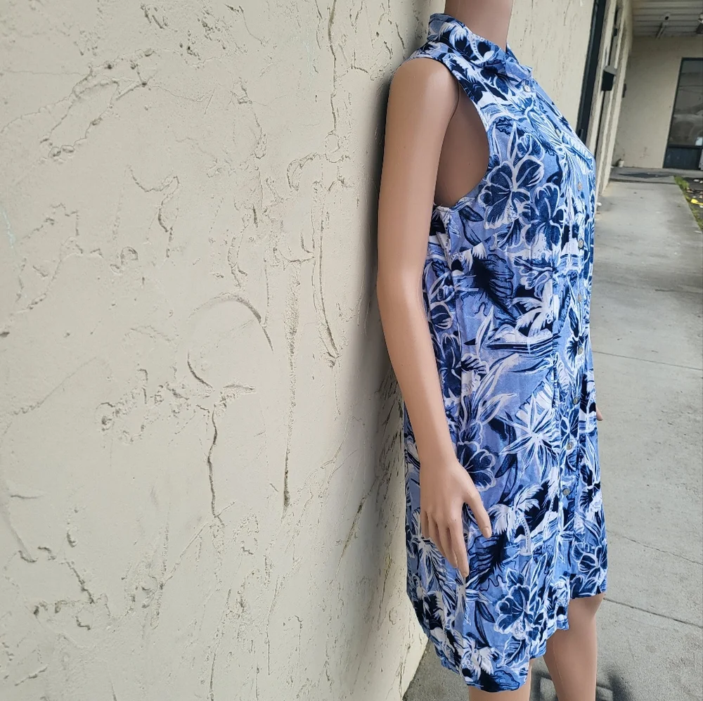 Blue and White Floral Print Tank Dress - Picture 2 of 5